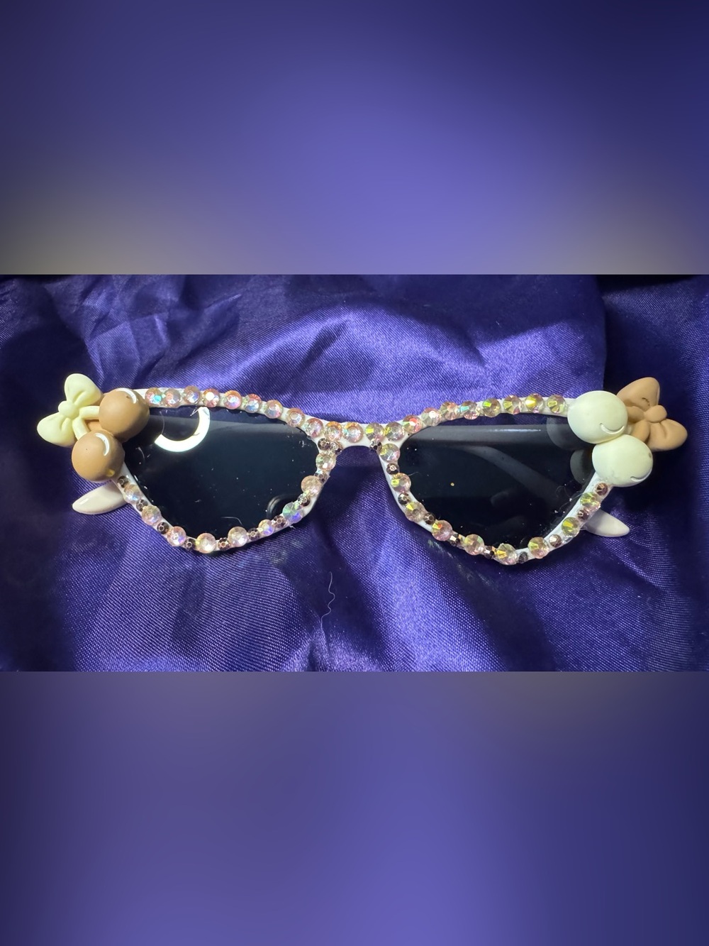 Rhinestone/pearl embellished cat eye sunglasses with cherry charms